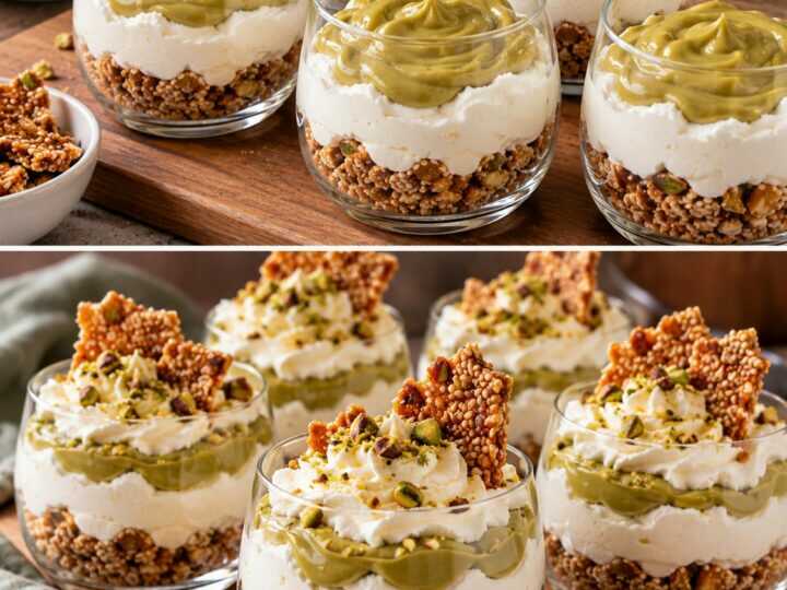 Coppe di Ricotta Montata con Crema al Pistacchio e Croccante al Sesamo 💚🥄