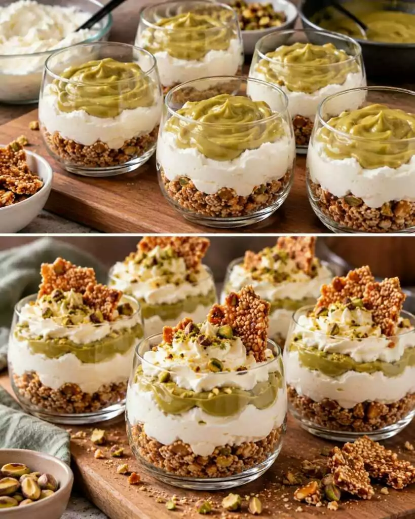 Coppe di Ricotta Montata con Crema al Pistacchio e Croccante al Sesamo 💚🥄