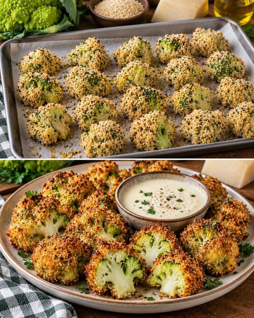 Bocconcini di Broccolo Romanesco in Crosta di Sesamo con Salsa al Pecorino