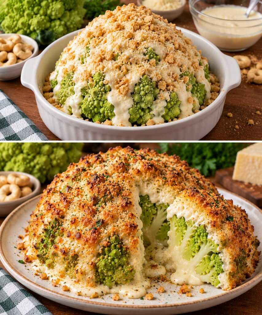 Broccolo Romanesco a Cupola con Crema di Parmigiano e Crosta di Taralli