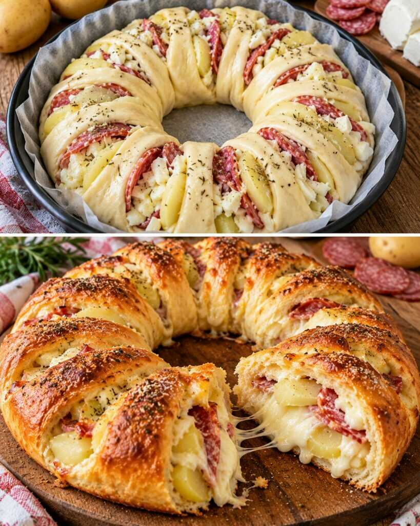 Rustico a Corona con Patate, Salame e Cuore di Mozzarella