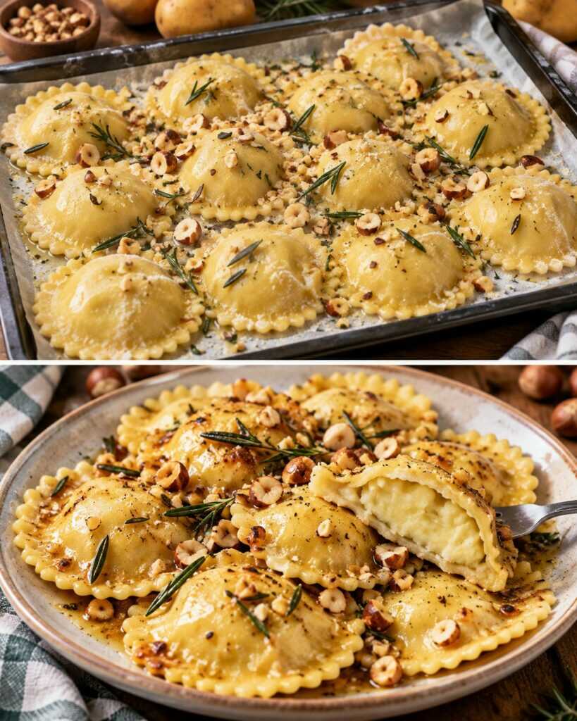 Ravioli di Patate con Burro al Rosmarino e Nocciole Tostate