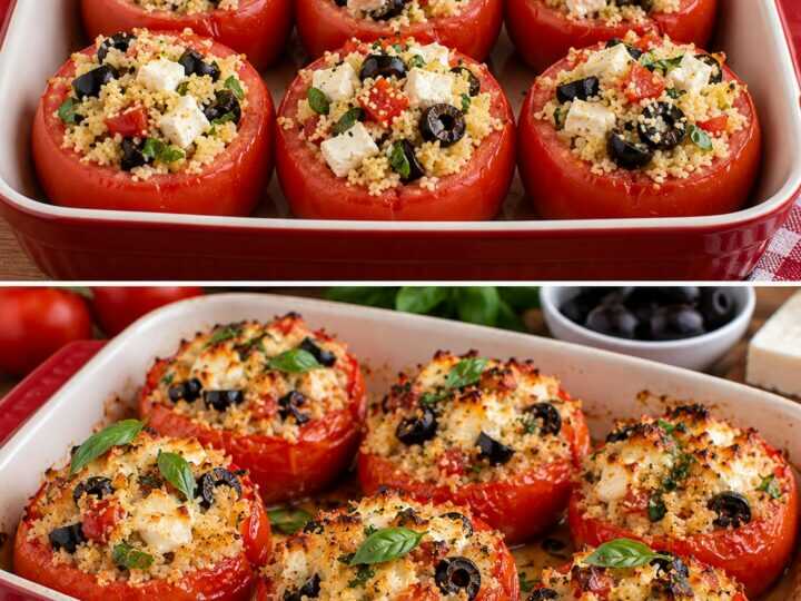 Pomodori Ripieni di Cous Cous, Feta, Basilico e Olive Nere