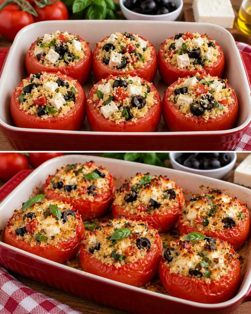 Pomodori Ripieni di Cous Cous, Feta, Basilico e Olive Nere