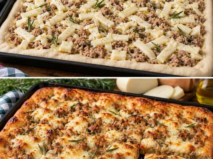 Pizza in Teglia con Ragù Bianco di Coniglio, Rosmarino e Provola Dolce
