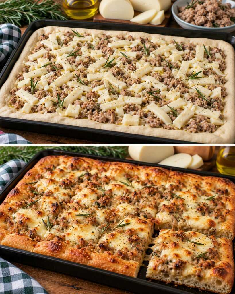 Pizza in Teglia con Ragù Bianco di Coniglio, Rosmarino e Provola Dolce