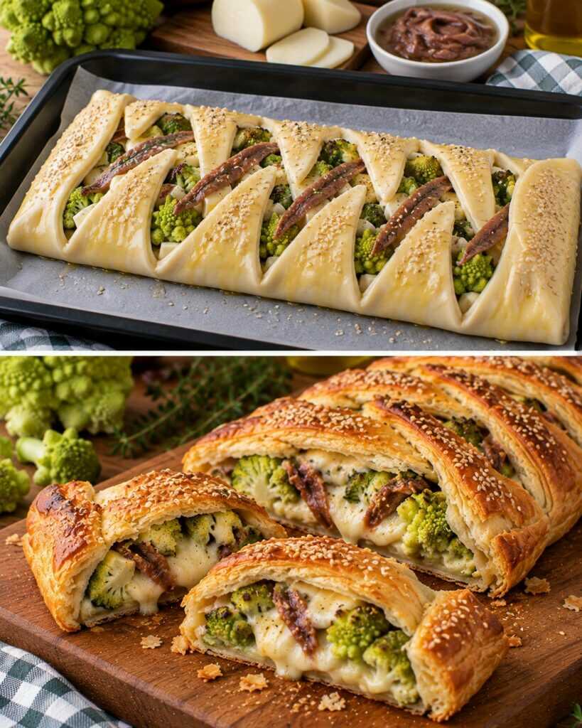 Rustico di Sfoglia con Broccolo Romanesco, Acciughe e Scamorza