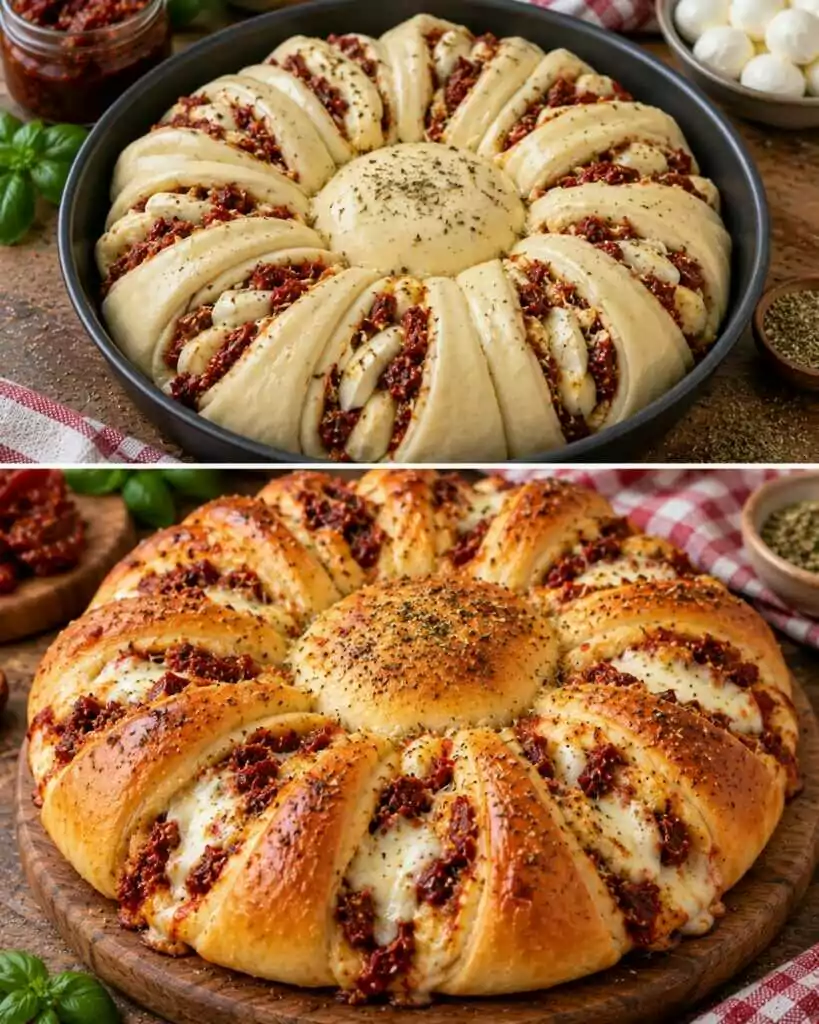 Pane a Fiore con Pesto di Pomodori Secchi, Mozzarella e Origano
