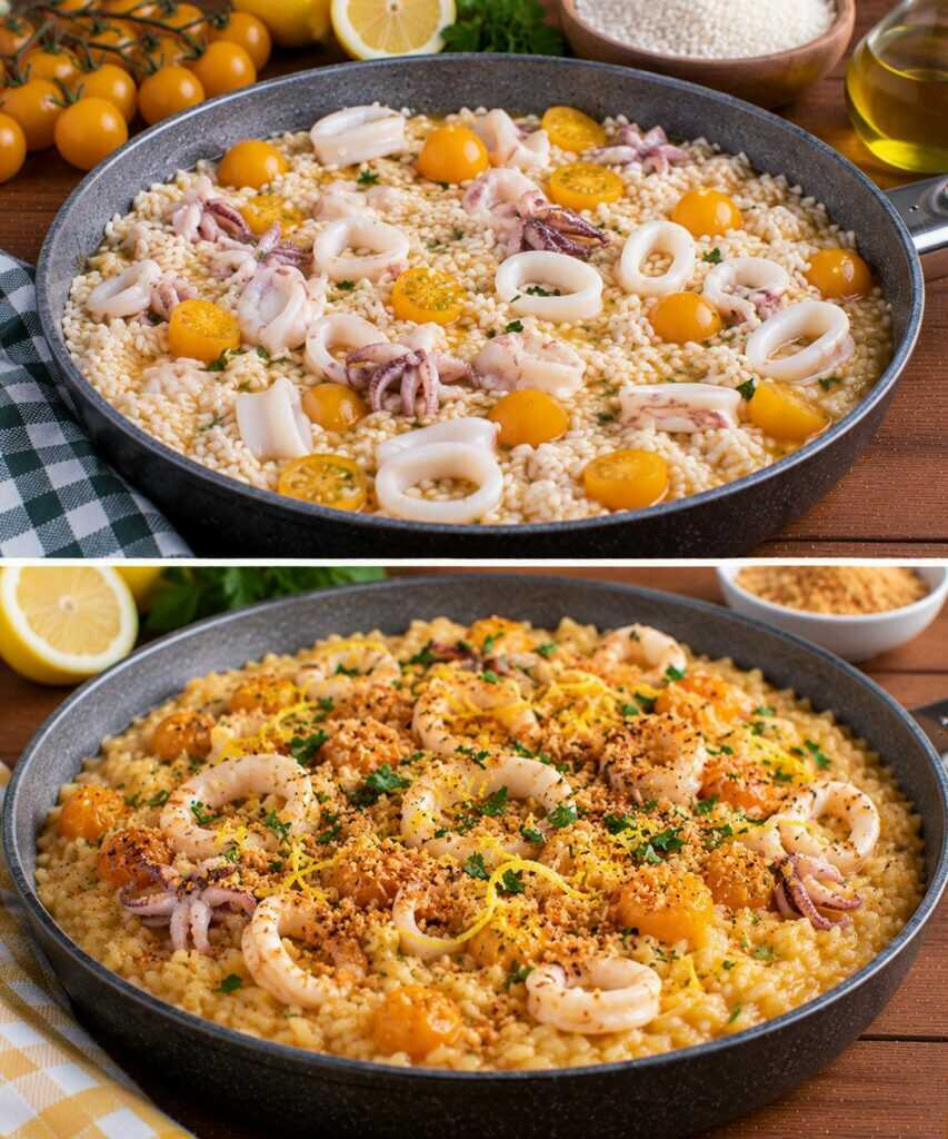 Risotto ai Calamari con Pomodorini Gialli e Pangrattato al Limone