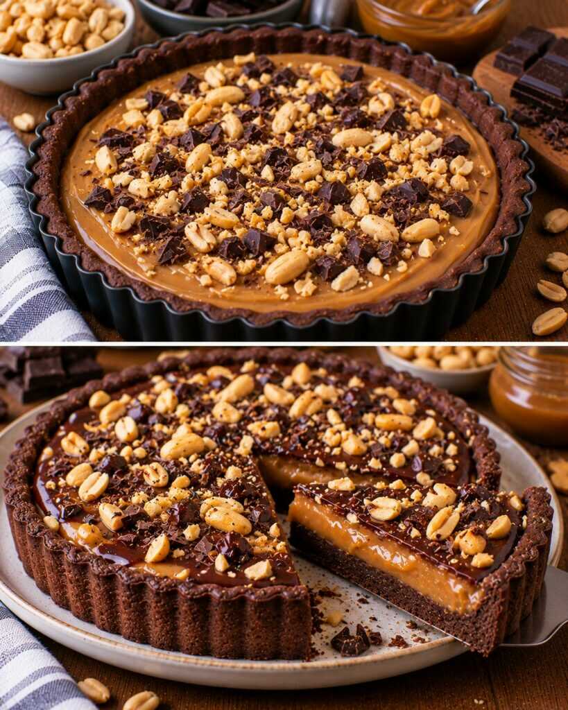 Crostata al Cioccolato Fondente con Crema al Caramello e Arachidi Croccanti