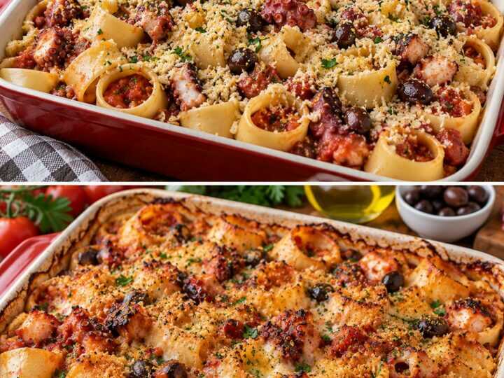 🍝 Calamarata al Forno con Ragù di Polpo, Olive Taggiasche e Mollica Croccante