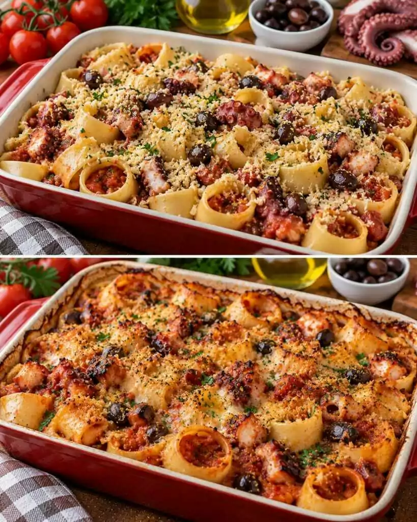 🍝 Calamarata al Forno con Ragù di Polpo, Olive Taggiasche e Mollica Croccante