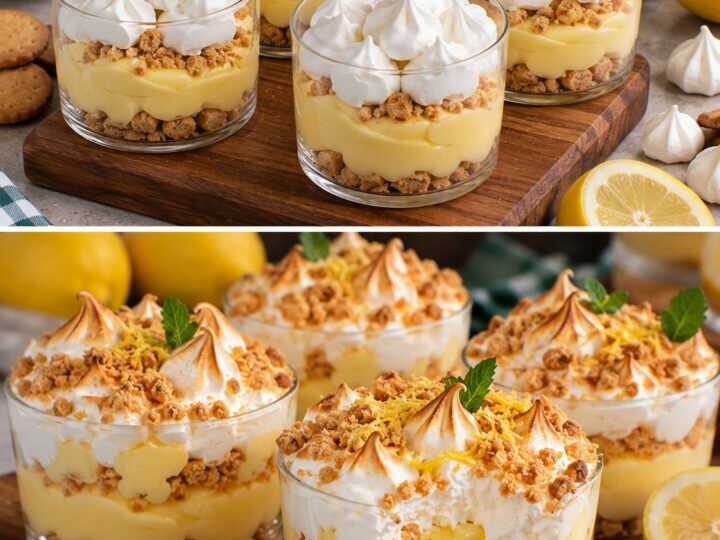 Coppe di Crema al Limone con Meringa Croccante e Biscotti al Burro