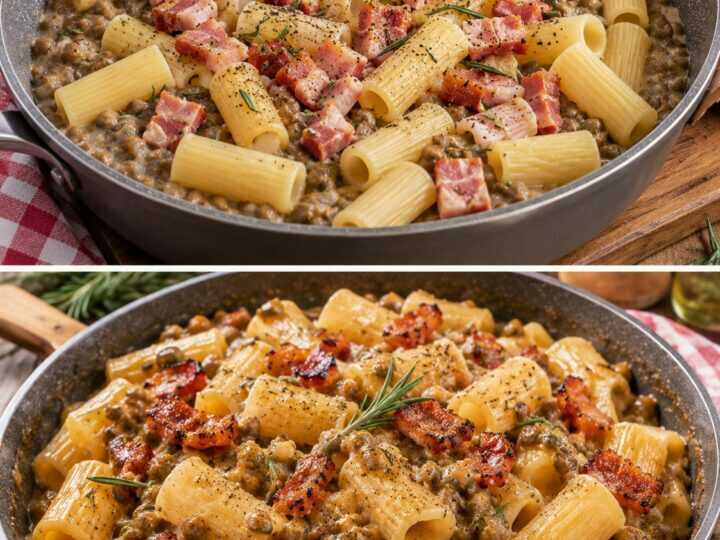 Rigatoni con Crema di Lenticchie, Guanciale e Rosmarino