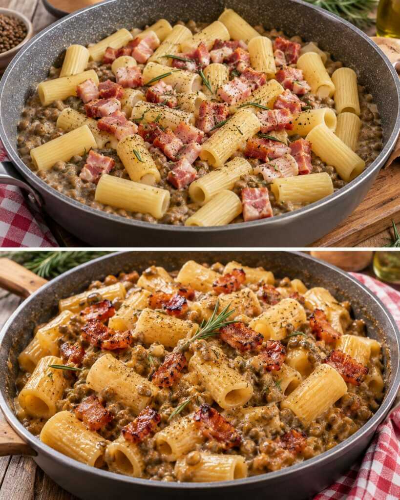 Rigatoni con Crema di Lenticchie, Guanciale e Rosmarino