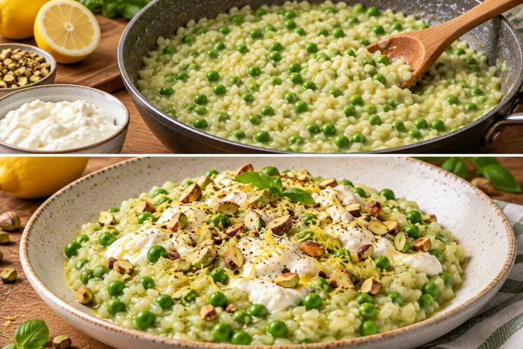 Risotto ai Piselli con Stracciatella, Limone e Pistacchi