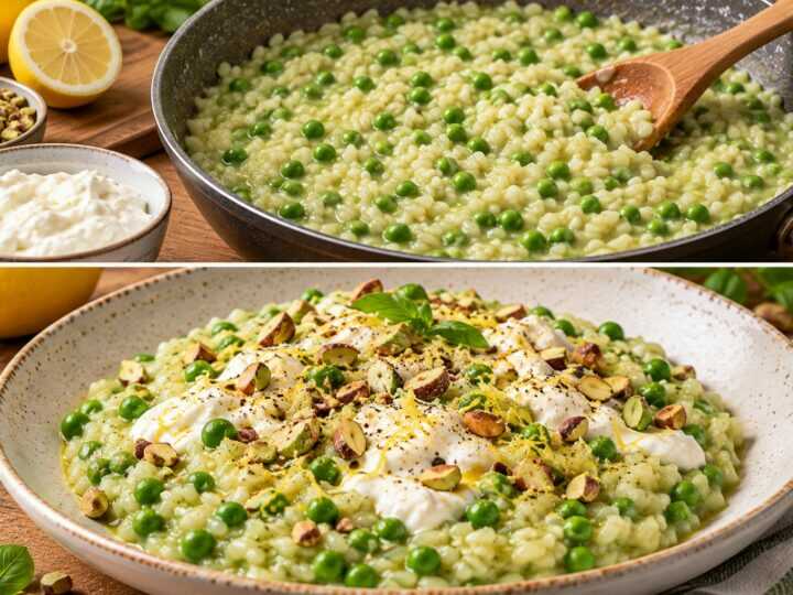 Risotto ai Piselli con Stracciatella, Limone e Pistacchi