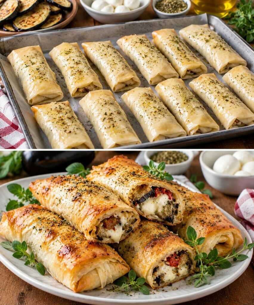 Involtini di Pasta Fillo con Melanzane Affumicate, Mozzarella e Origano