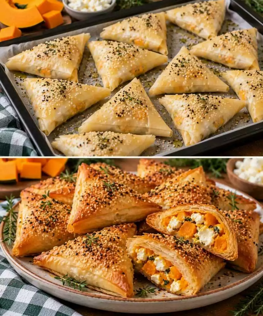 Triangolini di Pasta Fillo con Zucca, Feta e Semi di Sesamo