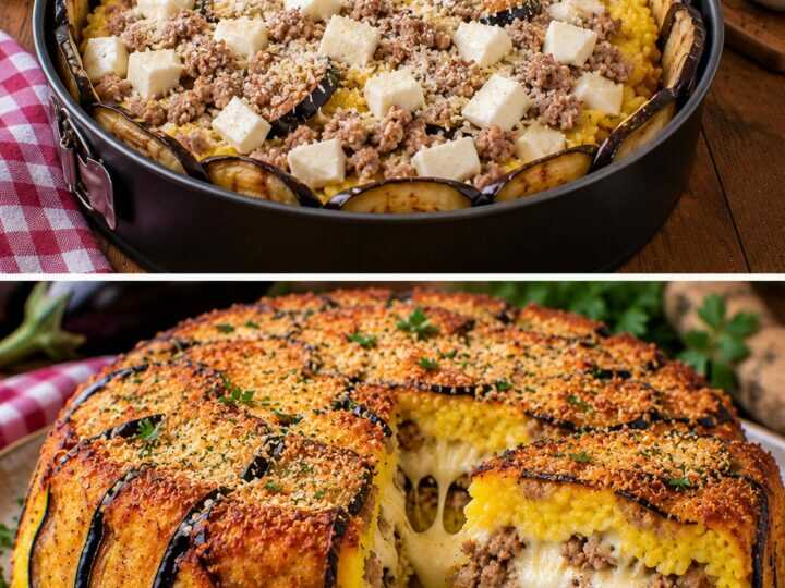 Timballo di Riso allo Zafferano con Melanzane, Ragù Bianco e Mozzarella