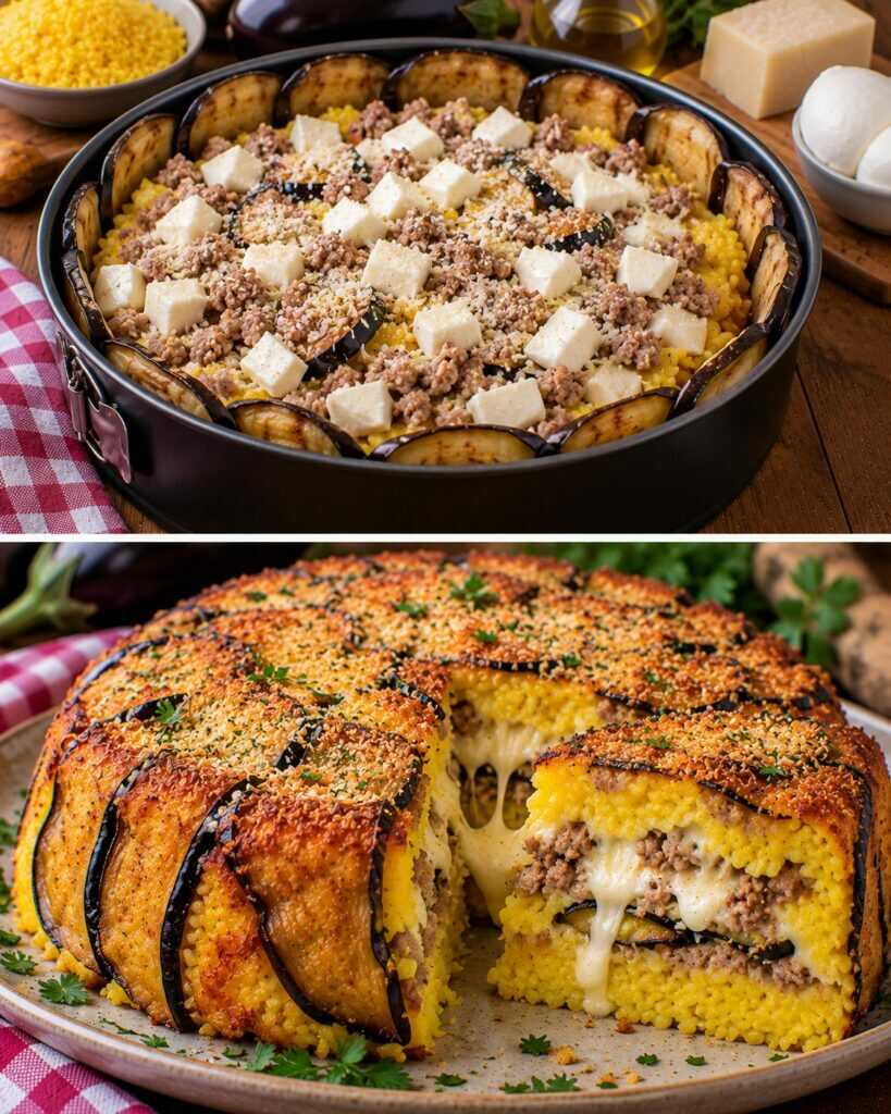 Timballo di Riso allo Zafferano con Melanzane, Ragù Bianco e Mozzarella