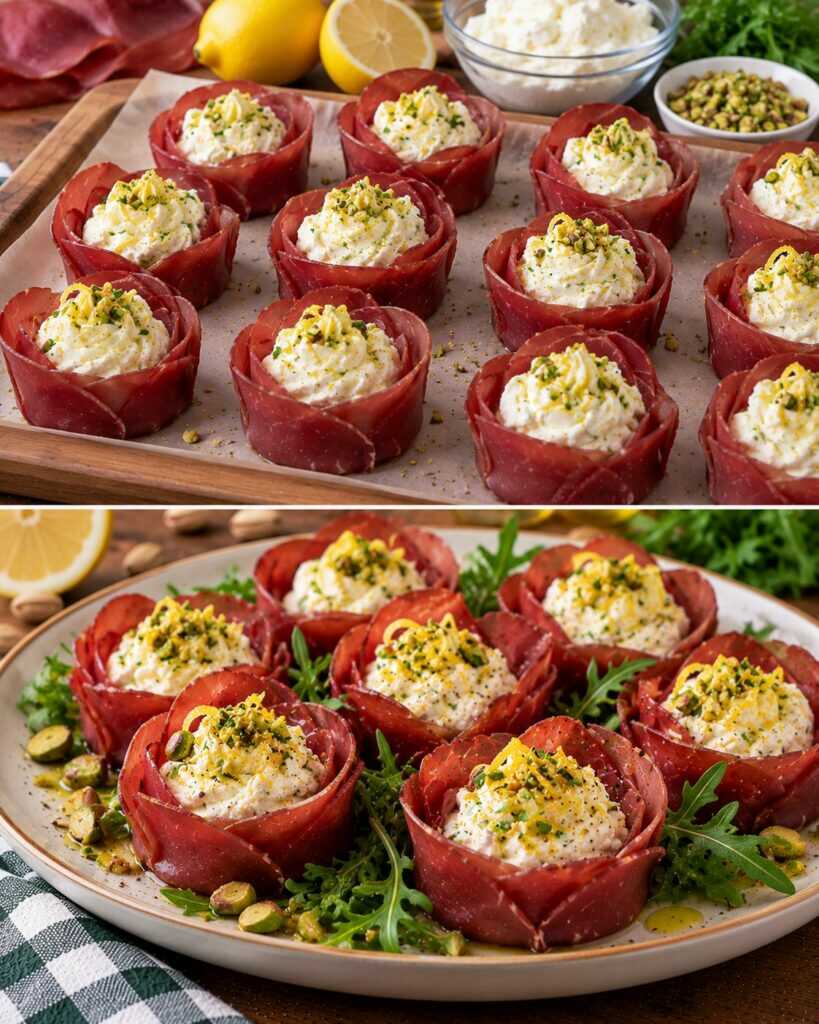 Roselline di Bresaola con Ricotta al Limone e Pistacchi