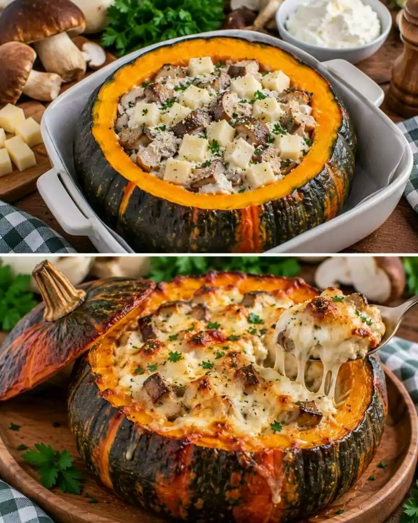 Zucca Delica Ripiena di Funghi Porcini, Ricotta e Scamorza Affumicata