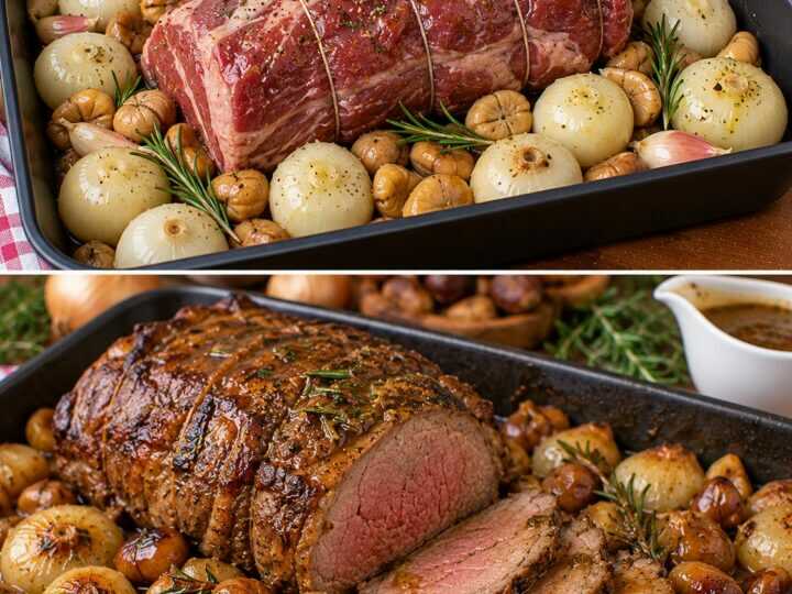 🥩 Arrosto di Manzo con Cipolle Borettane, Castagne e Salsa al Rosmarino