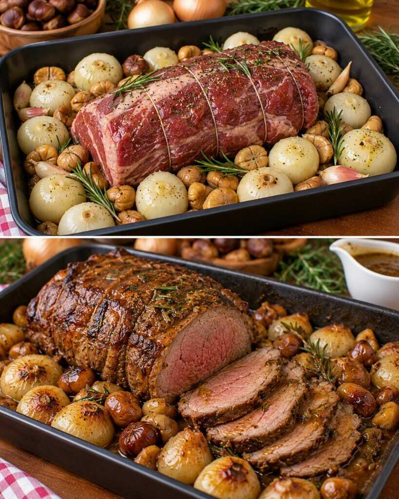 🥩 Arrosto di Manzo con Cipolle Borettane, Castagne e Salsa al Rosmarino