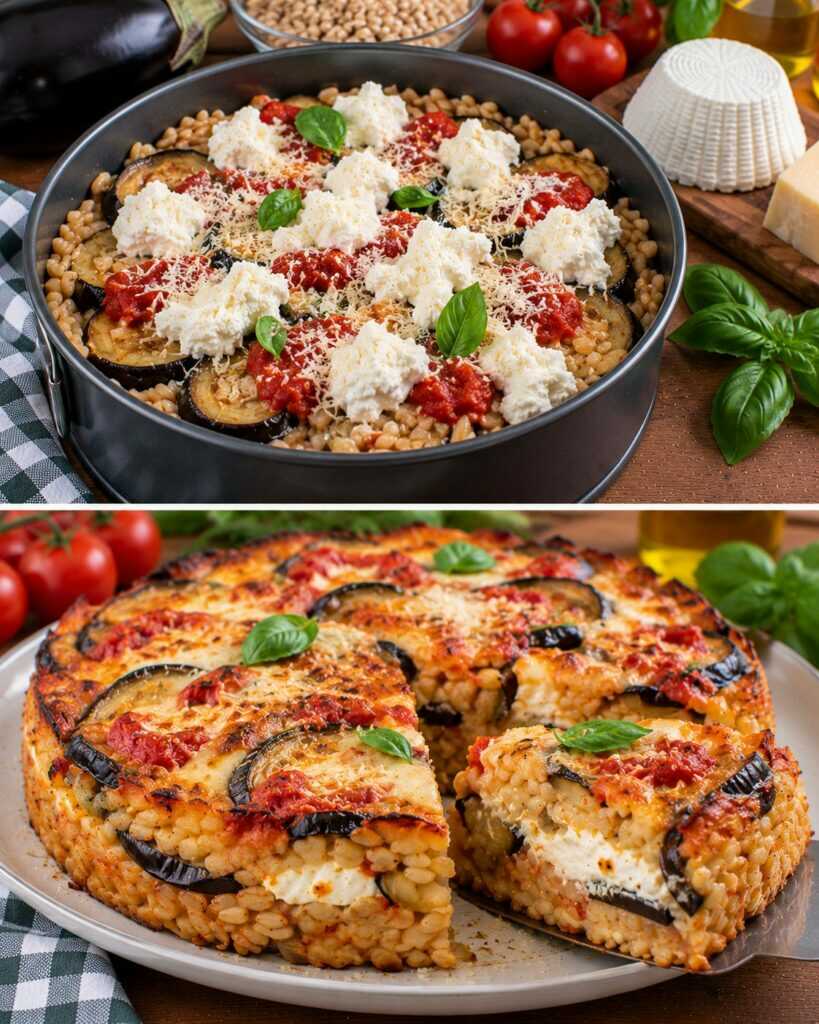 Tortino di Orzo con Melanzane, Ricotta e Pomodoro al Basilico