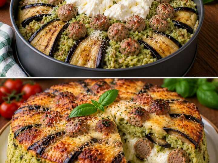 Timballo di Riso al Pesto di Basilico con Polpettine, Melanzane e Cuore di Burrata