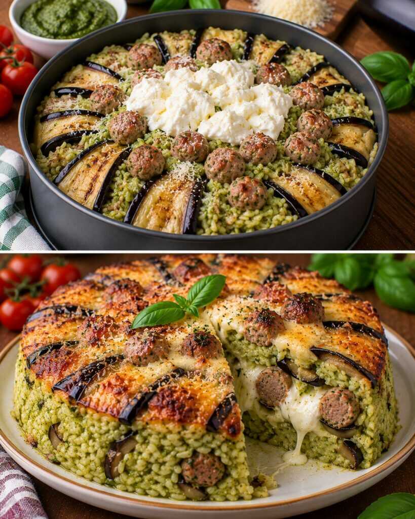 Timballo di Riso al Pesto di Basilico con Polpettine, Melanzane e Cuore di Burrata