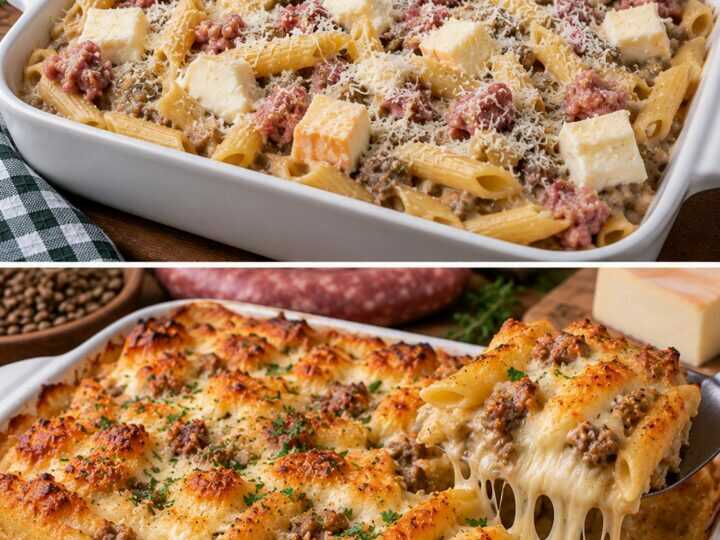 Penne al Forno con Crema di Lenticchie, Salsiccia e Taleggio