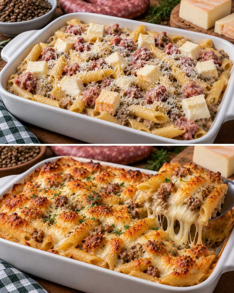 Penne al Forno con Crema di Lenticchie, Salsiccia e Taleggio