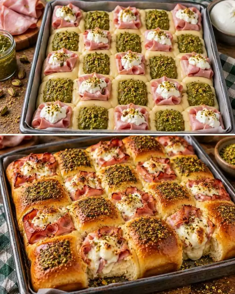 Pan Brioche a Scacchiera con Mortadella, Pesto di Pistacchi e Burrata