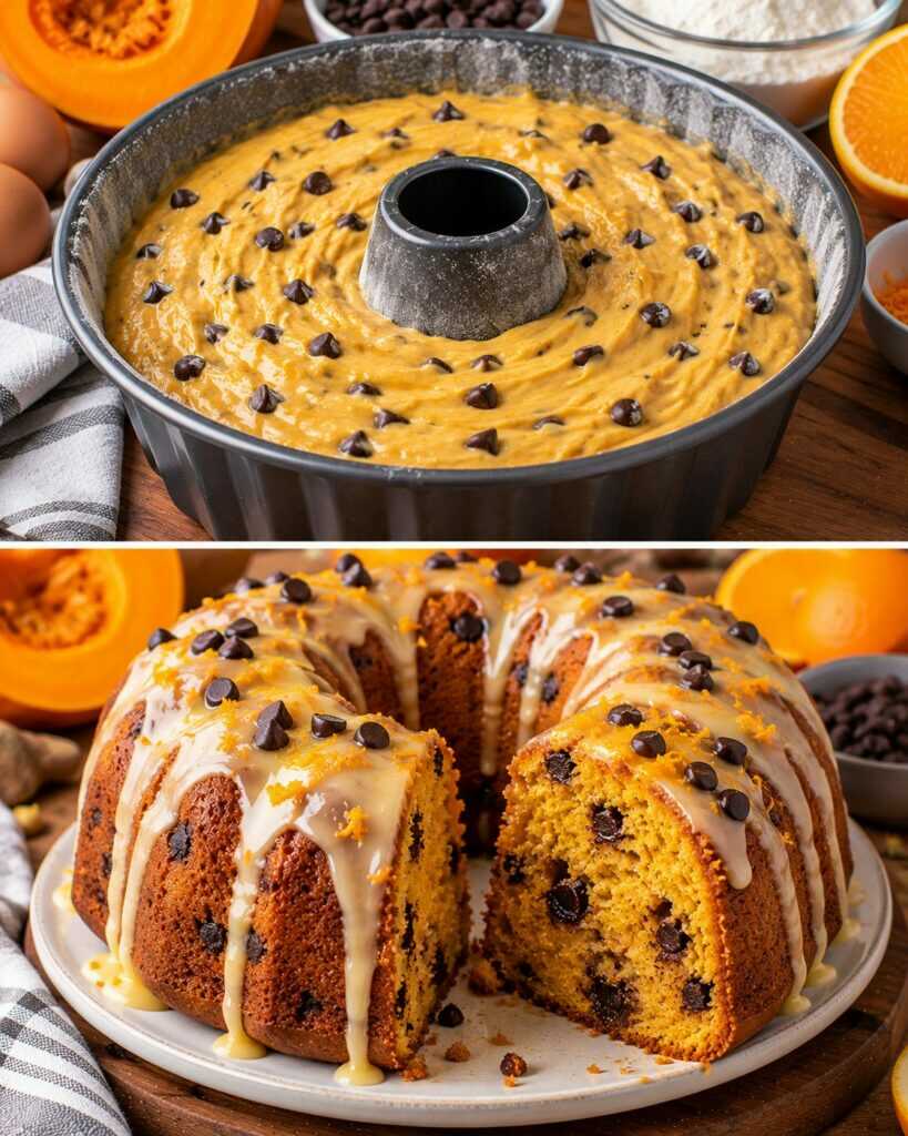 Ciambellone Soffice alla Zucca con Gocce di Cioccolato e Glassa all&rsquo;Arancia