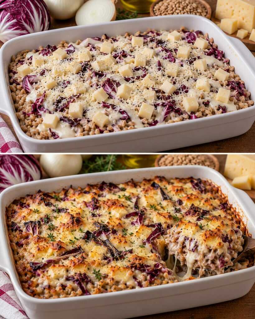Farro al Forno con Crema di Cipolle Bianche, Radicchio e Formaggio Piave