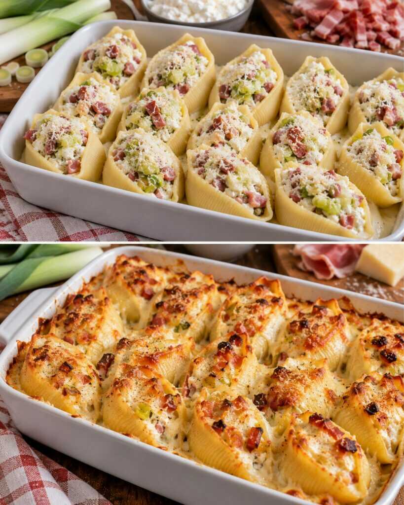 Lumaconi Ripieni di Porri, Ricotta e Speck al Forno
