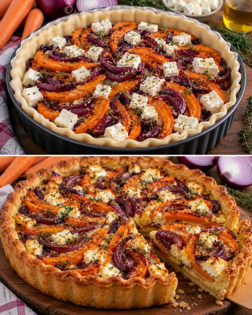 Torta Salata con Carote Arrosto, Feta e Cipolle Rosse Caramellate