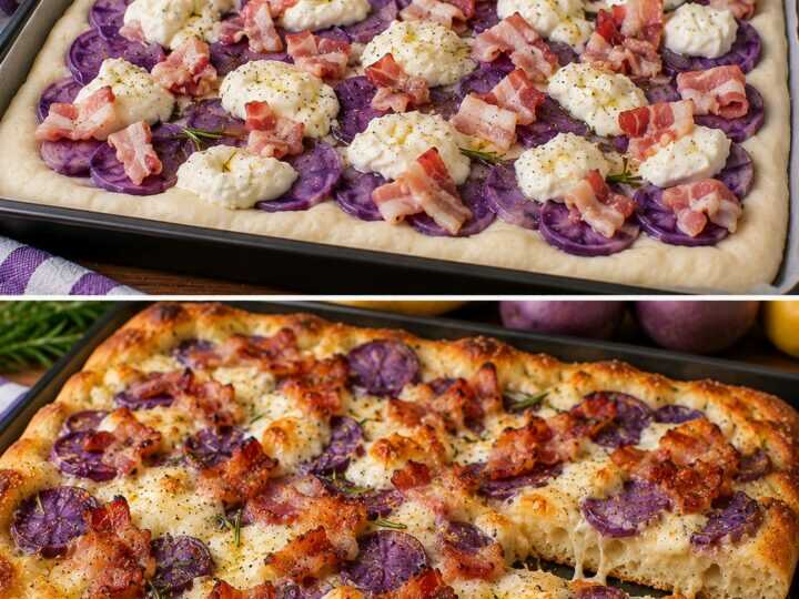 Pizza Bianca con Patate Viola, Stracchino e Pancetta Croccante