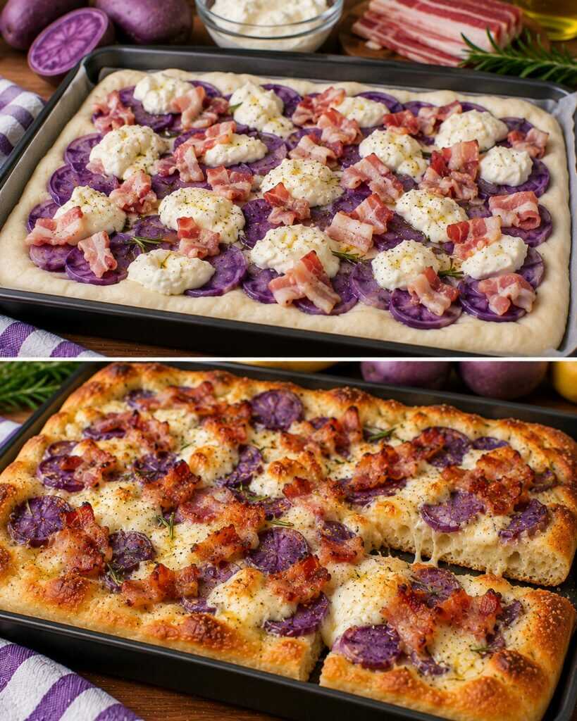 Pizza Bianca con Patate Viola, Stracchino e Pancetta Croccante