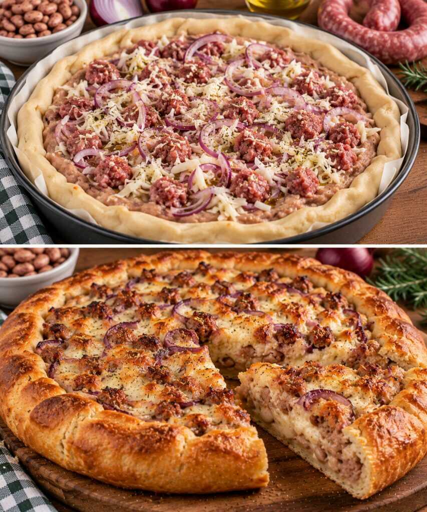 Pizza Rustica con Crema di Fagioli Borlotti, Salsiccia e Cipolla