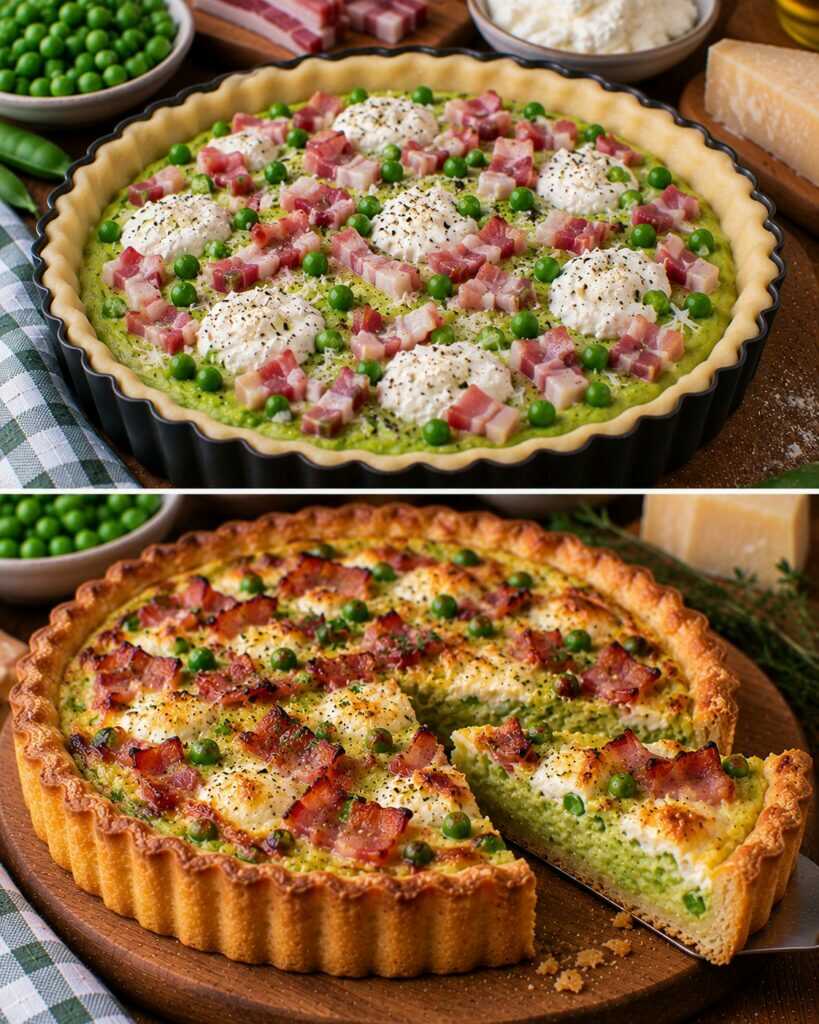 Crostata Salata con Crema di Piselli, Ricotta e Pancetta Croccante