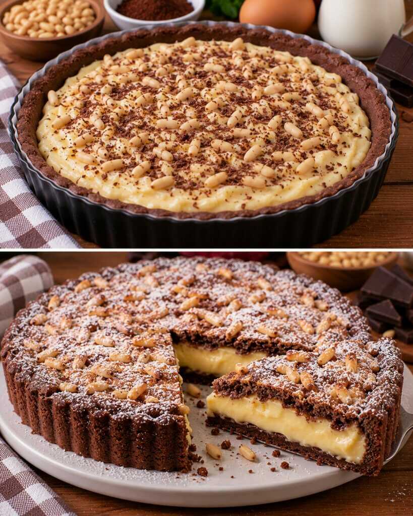 Torta della Nonna al Cacao con Crema Pasticcera e Pinoli