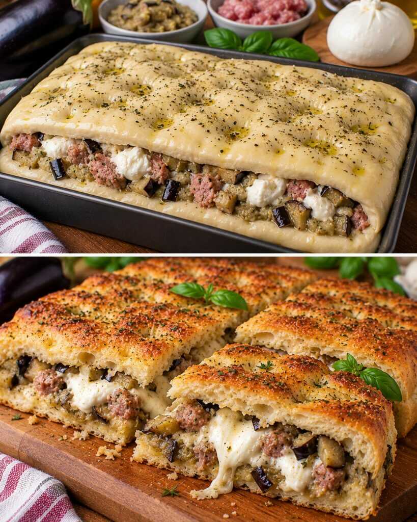 Focaccia Ripiena con Crema di Melanzane, Salsiccia e Burrata