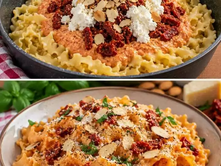 Mafaldine con Crema di Pomodori Secchi, Ricotta e Mandorle Tostate