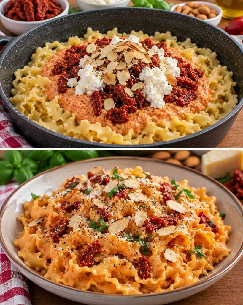 Mafaldine con Crema di Pomodori Secchi, Ricotta e Mandorle Tostate