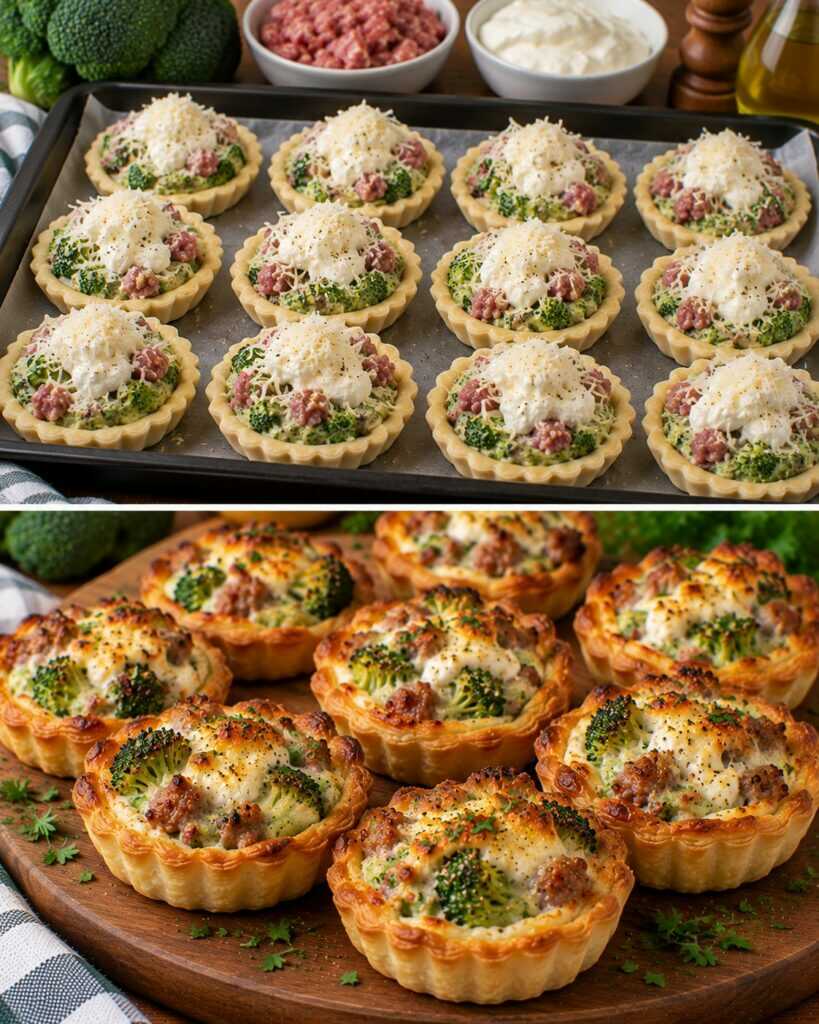 Tartellette Calde con Crema di Broccoli, Salsiccia e Stracciatella