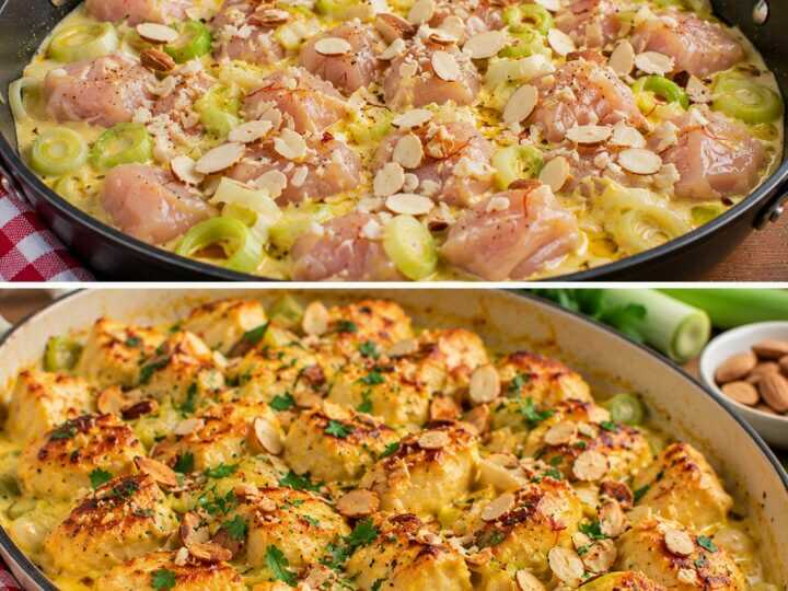 Bocconcini di Pollo Cremosi con Zafferano, Porri e Mandorle Tostate