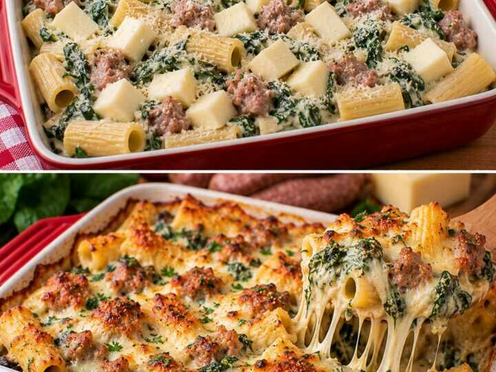 🍝 Rigatoni al Forno con Crema di Spinaci, Salsiccia e Fontina Filante